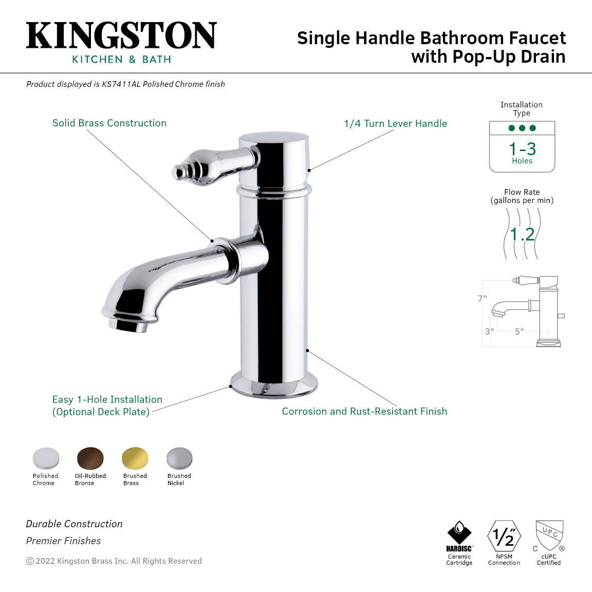 Kingston Tulare KS7417AL - Paris One-Handle 1-Hole Bathroom Faucet with Deck Plate and Brass Pop-Up Drain, Brushed Brass — thumbnail 2